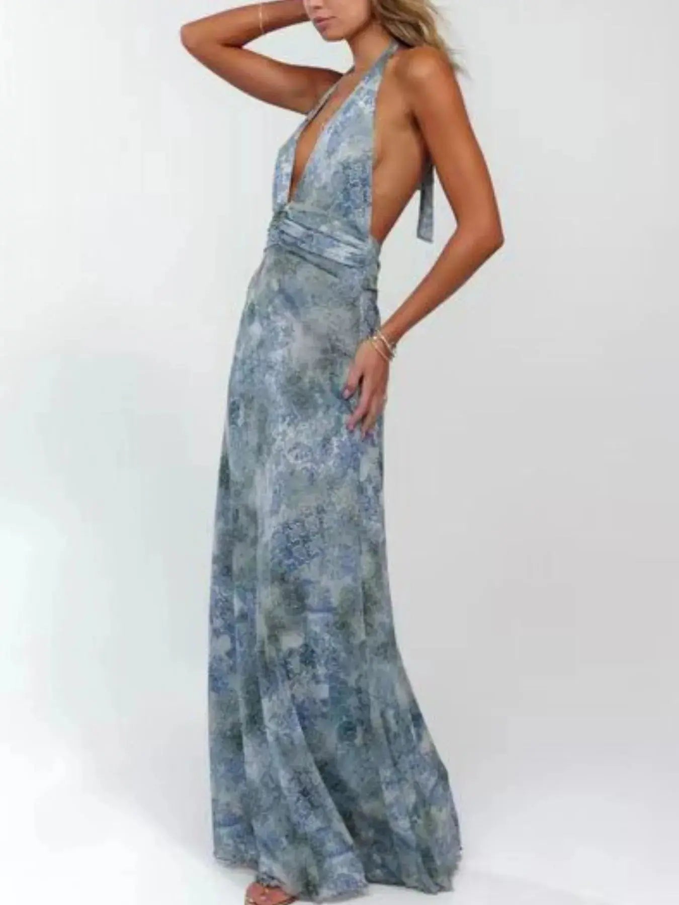 Floral Maxi Dress with Halter Neck and Deep V Design.
