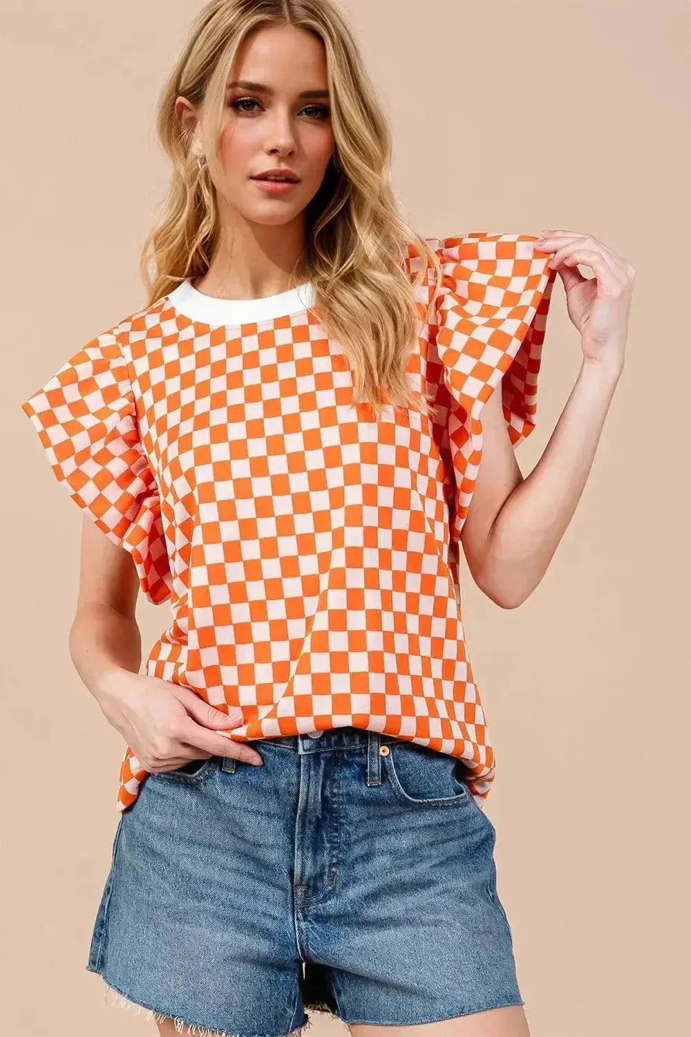 Oh Checkered Puff Sleeve Blouse with Round Neck - Redemption By Ashley North