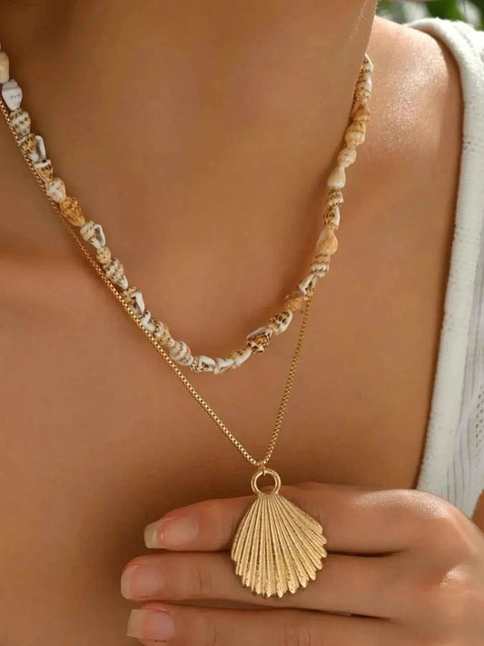 18K Gold-Plated Shell Pendant Necklace - Layered Shell Design.