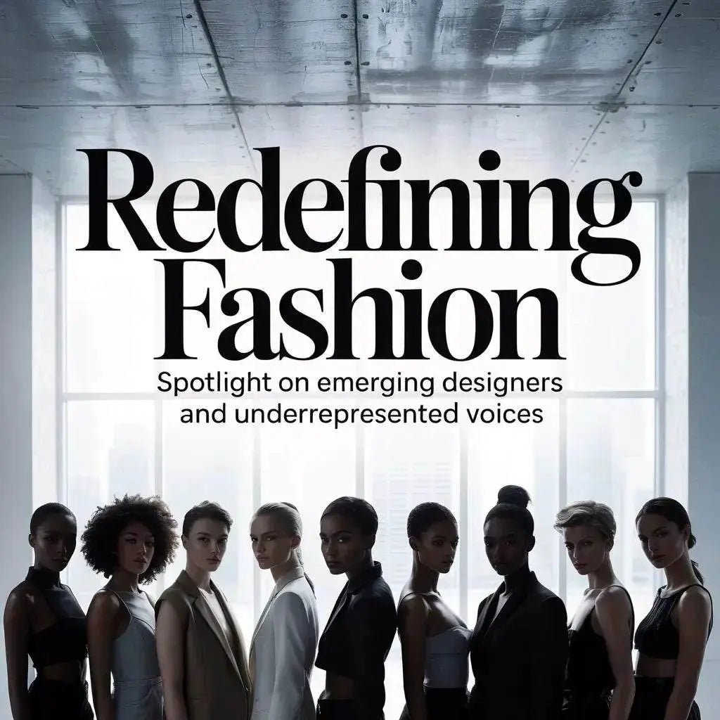 Group of diverse fashion models showcasing emerging designers' styles under "Redefining Fashion" spotlight text