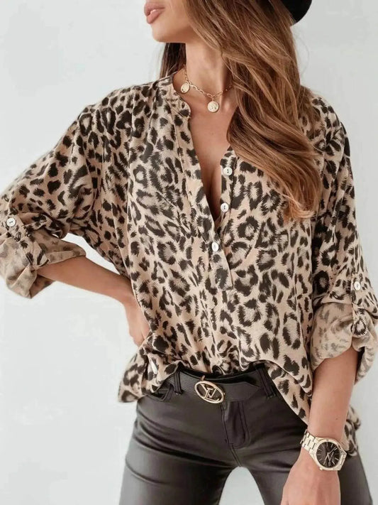 Plus Size Leopard Print Blouse with roll-tab sleeves and button front styling