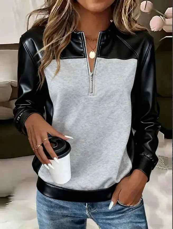 Womens Contrast-Color Stand-Up Collar Half-Zip Base-Layer Long-Sleeve Top - Redemption By Ashley North