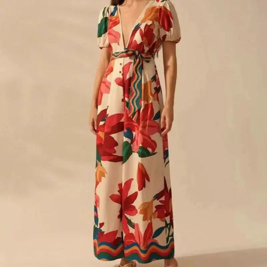 Women's Wide-leg Jumpsuit with Deep V-neck and Printed Fashion Design - Redemption By Ashley North