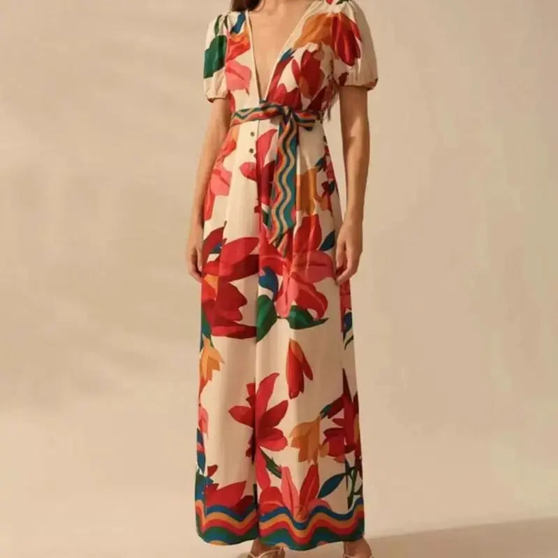 Women's Wide-leg Jumpsuit with Deep V-neck and Printed Fashion Design - Redemption By Ashley North