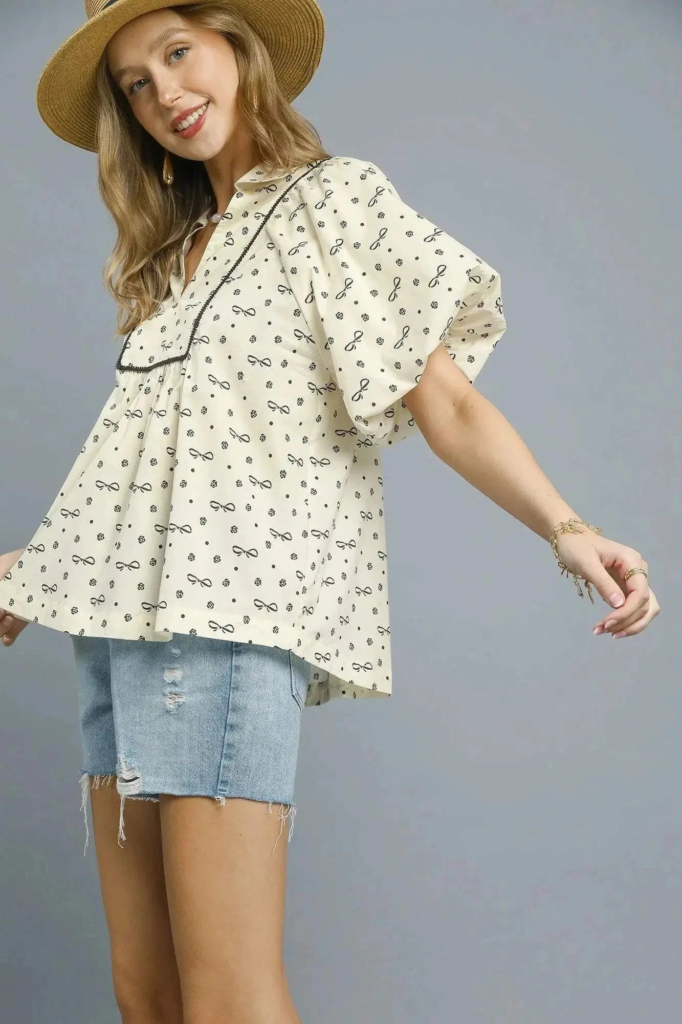 Umgee Bow Print Blouse with Puff Sleeves - Redemption By Ashley North