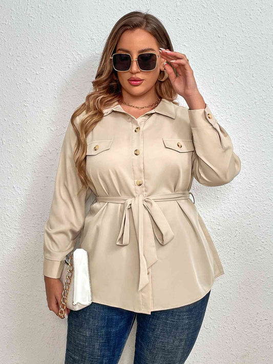 Plus size long sleeve tie belt shirt in beige styled with sunglasses and jeans