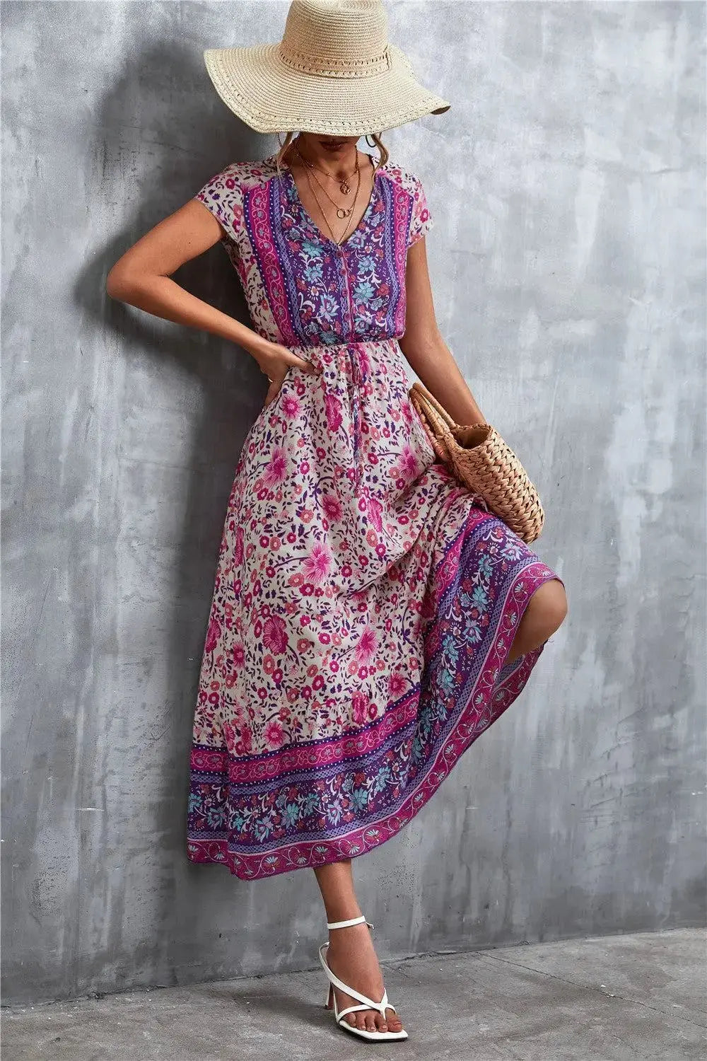 Bohemian Maxi Dress for Women: V-Neck Short Sleeve Printed Maxi Dress - Redemption By Ashley North