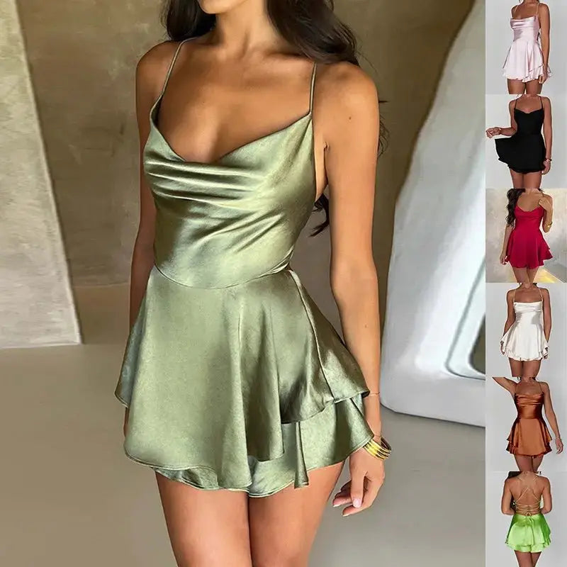 Sexy Suspender Skirt Elegant Satin Backless Lace Up A-Line Short Dress for Women - Redemption By Ashley North