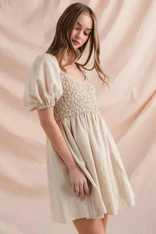 SO ME Textured Woven Daily Dress with Puff Sleeves.