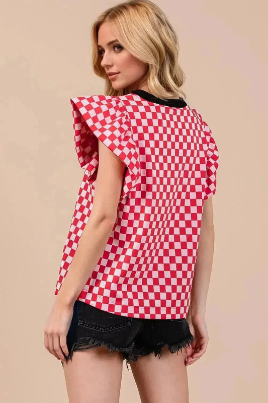 Oh Checkered Puff Sleeve Blouse with Round Neck - Redemption By Ashley North