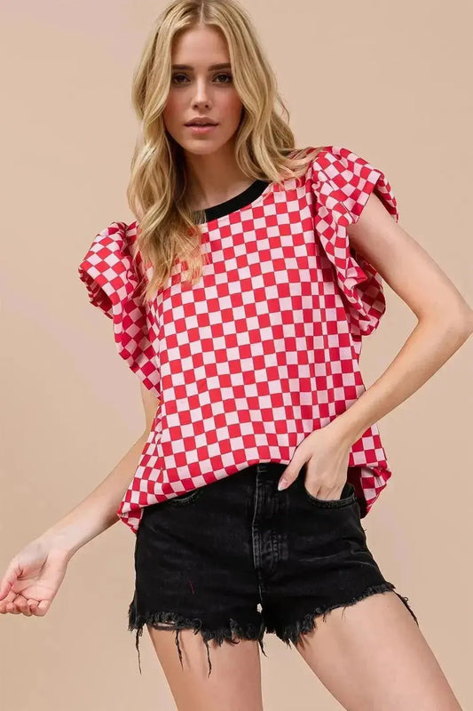 Oh Checkered Puff Sleeve Blouse with Round Neck - Redemption By Ashley North