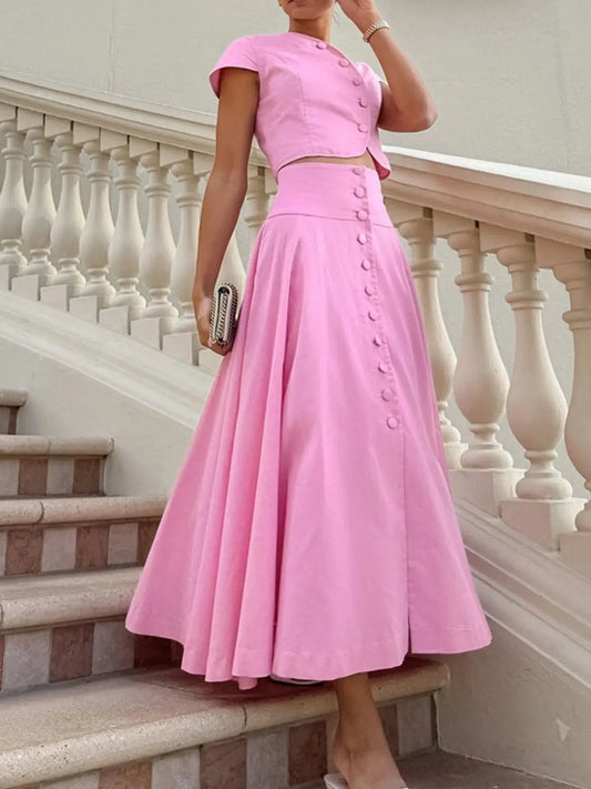 Pink short sleeve top and buttoned skirt set made of 100% cotton with a flattering fit and no stretch