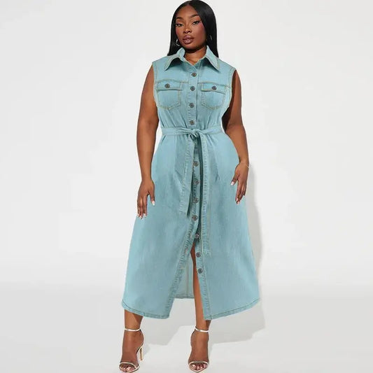 Plus size sleeveless denim dress with lapel collar and waist tie, front button closure