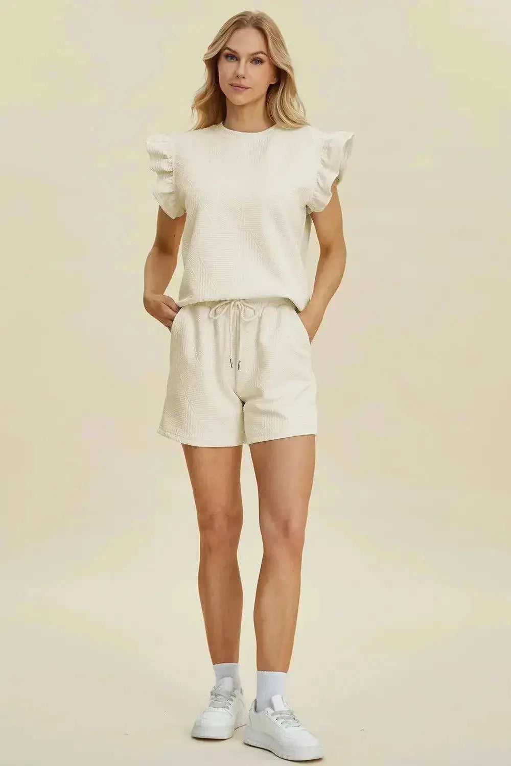 Double Take Ruffle Sleeve Top and Shorts Set - Full Size Texture Set - Redemption By Ashley North