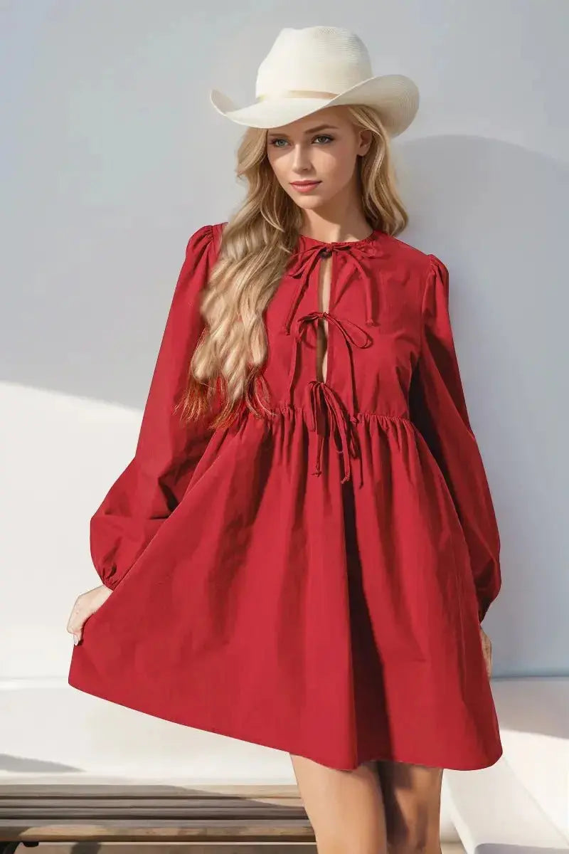 Double Take Christmas Front Tied Long Sleeve Mini Dress.