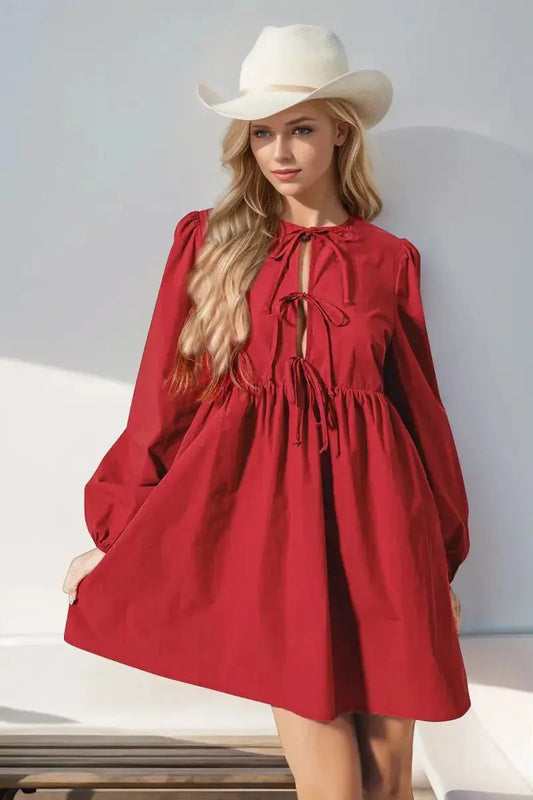 Double Take Christmas Front Tied Long Sleeve Mini Dress.