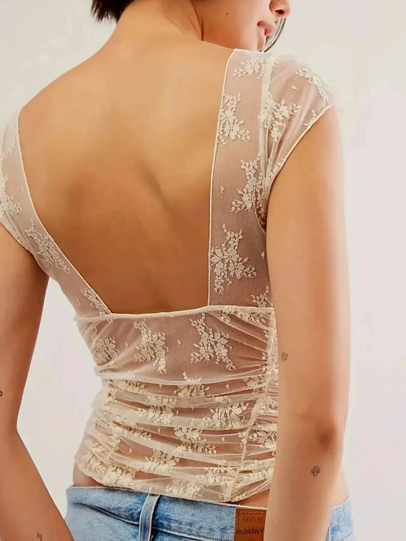 Lace Cap Sleeve T-Shirt with Ruched Design - Redemption By Ashley North