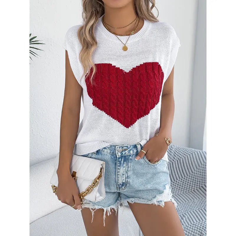 Women's Heart Color Block Knit Top - Casual Sleeveless Valentine Shirt D'Alina Confecções Store
