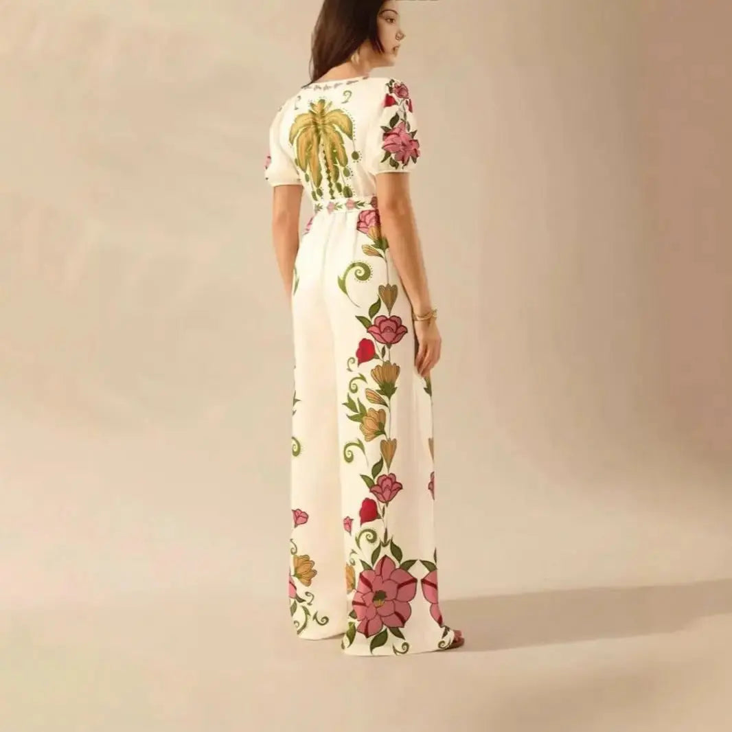 Women's Wide-leg Jumpsuit with Deep V-neck and Printed Fashion Design - Redemption By Ashley North