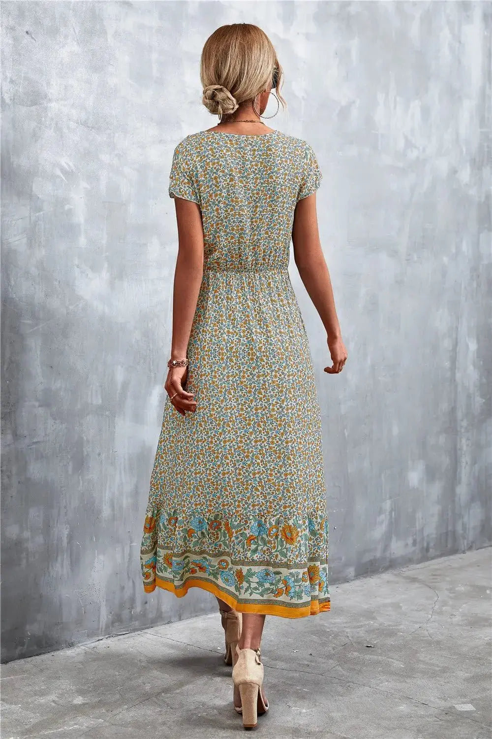 Bohemian Maxi Dress for Women: V-Neck Short Sleeve Printed Maxi Dress - Redemption By Ashley North