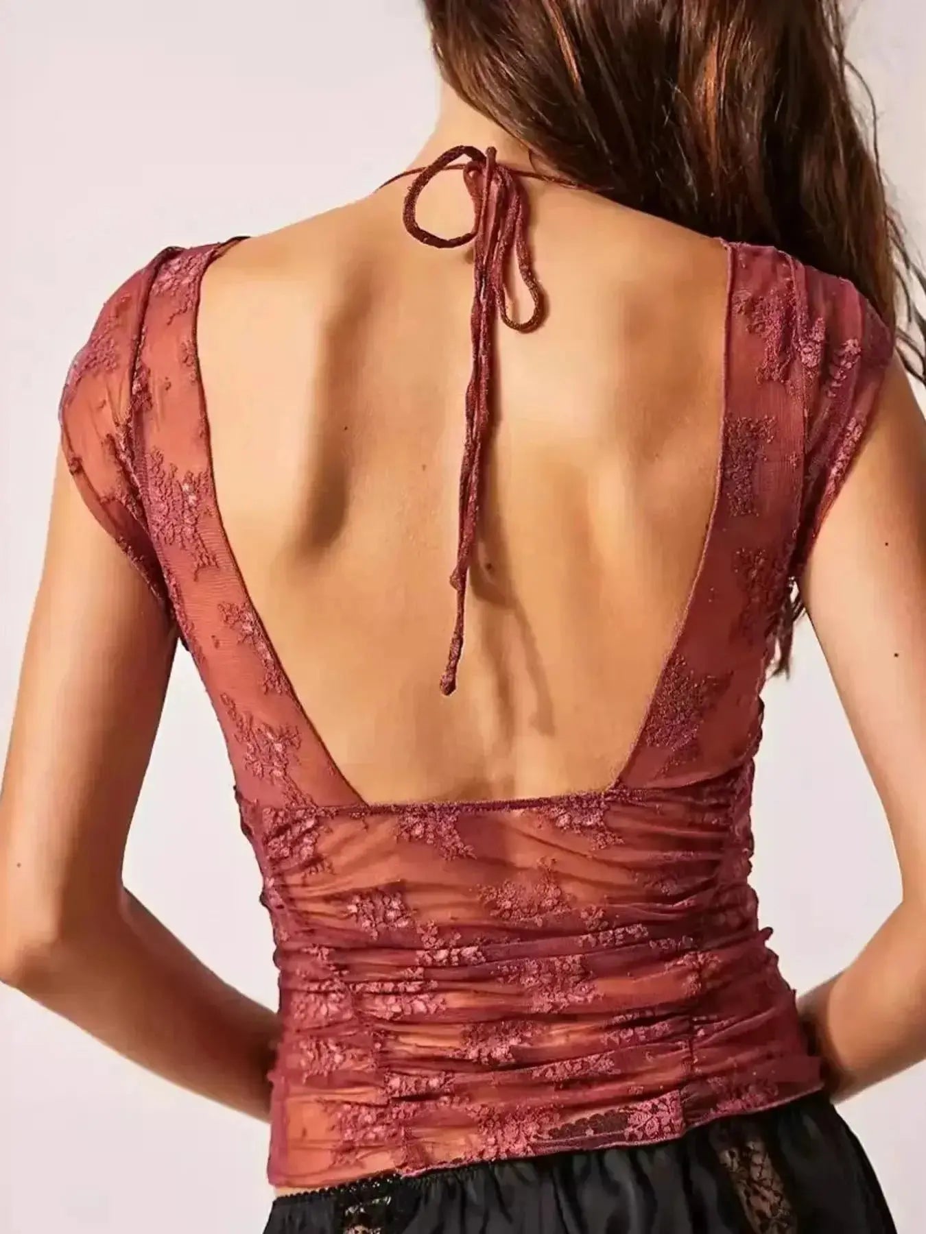 Lace Cap Sleeve T-Shirt with Ruched Design - Redemption By Ashley North