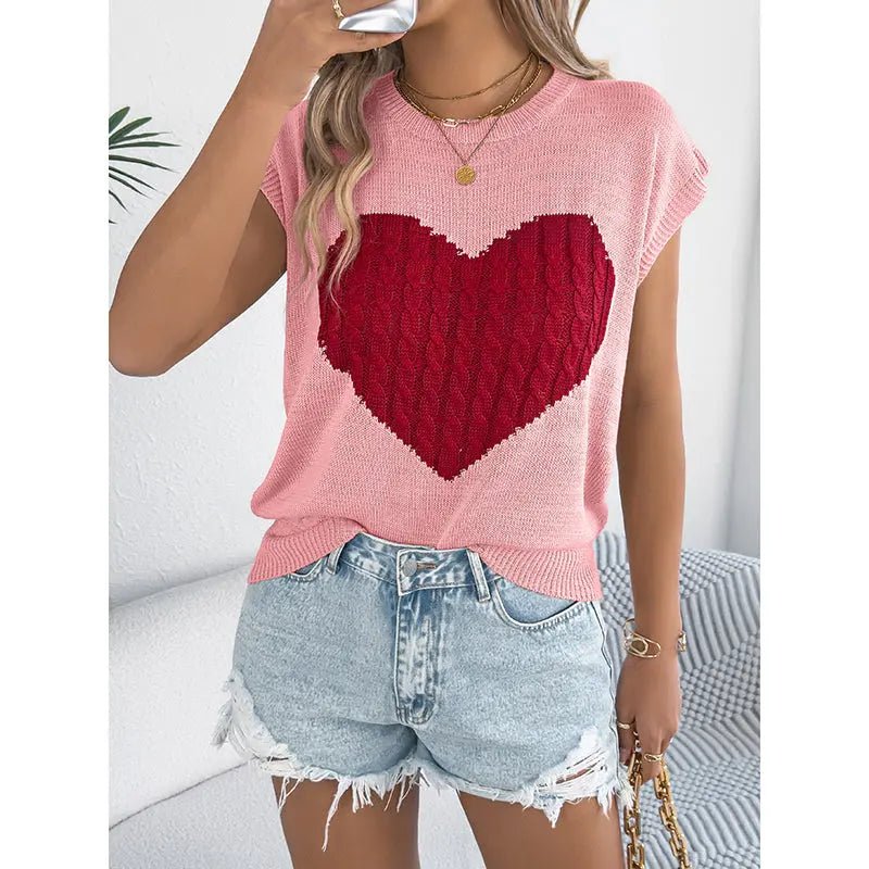 Women's Heart Color Block Knit Top - Casual Sleeveless Valentine Shirt D'Alina Confecções Store