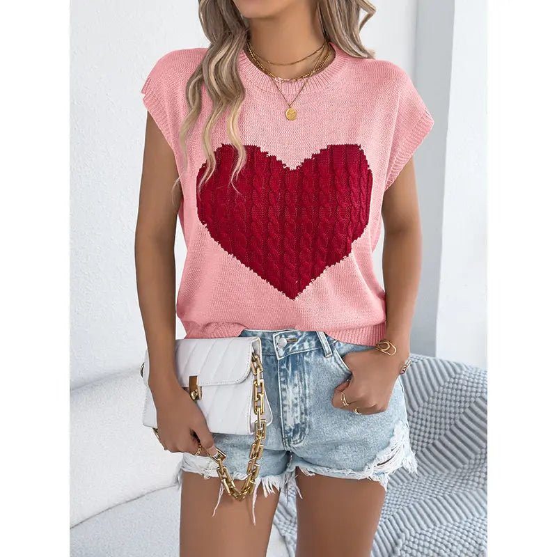Women's Heart Color Block Knit Top - Casual Sleeveless Valentine Shirt D'Alina Confecções Store