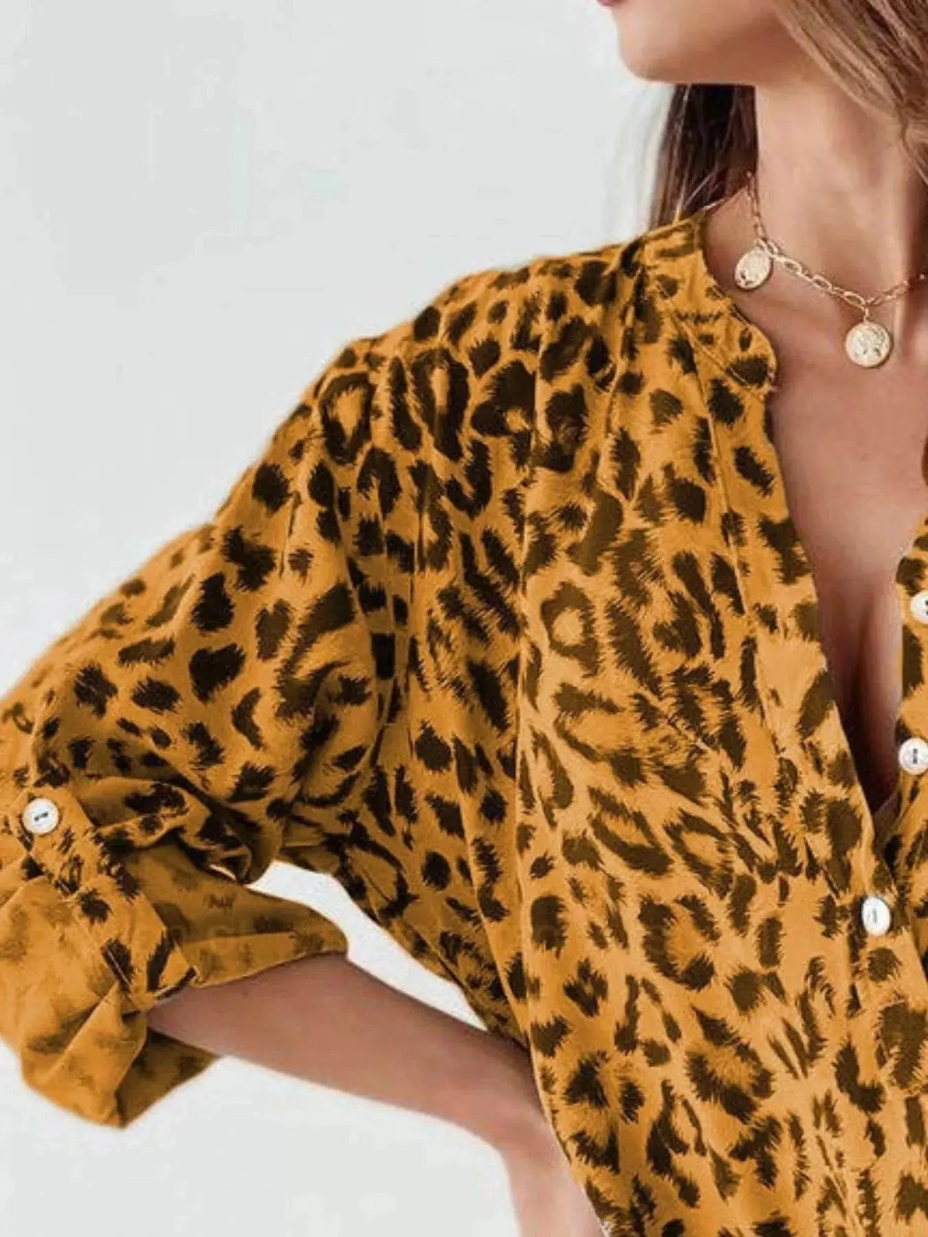 Plus Size Leopard Print Blouse with Roll-Tab Sleeves for Effortless Style - Redemption By Ashley North