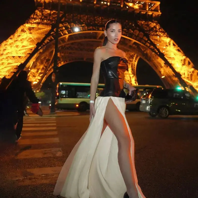 Sexy Mesh Leather Dress - PU Leather Collar Bandeau Slim-fit Dress for Women - Redemption By Ashley North