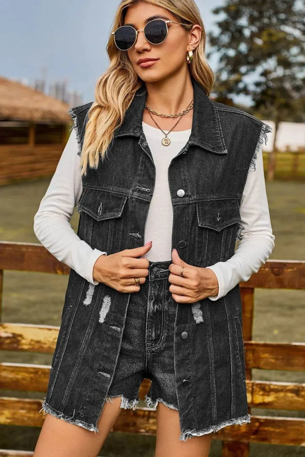 Sleeveless Denim Top - Button-Up Collared Design with Pockets - Redemption By Ashley North