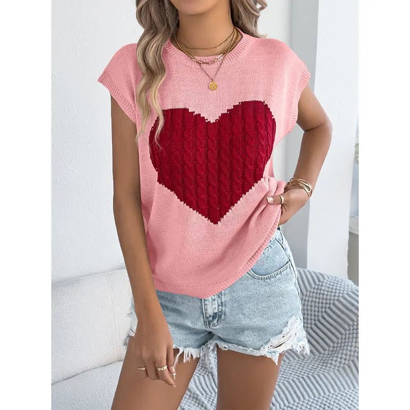Women's Heart Color Block Knit Top - Casual Sleeveless Valentine Shirt D'Alina Confecções Store