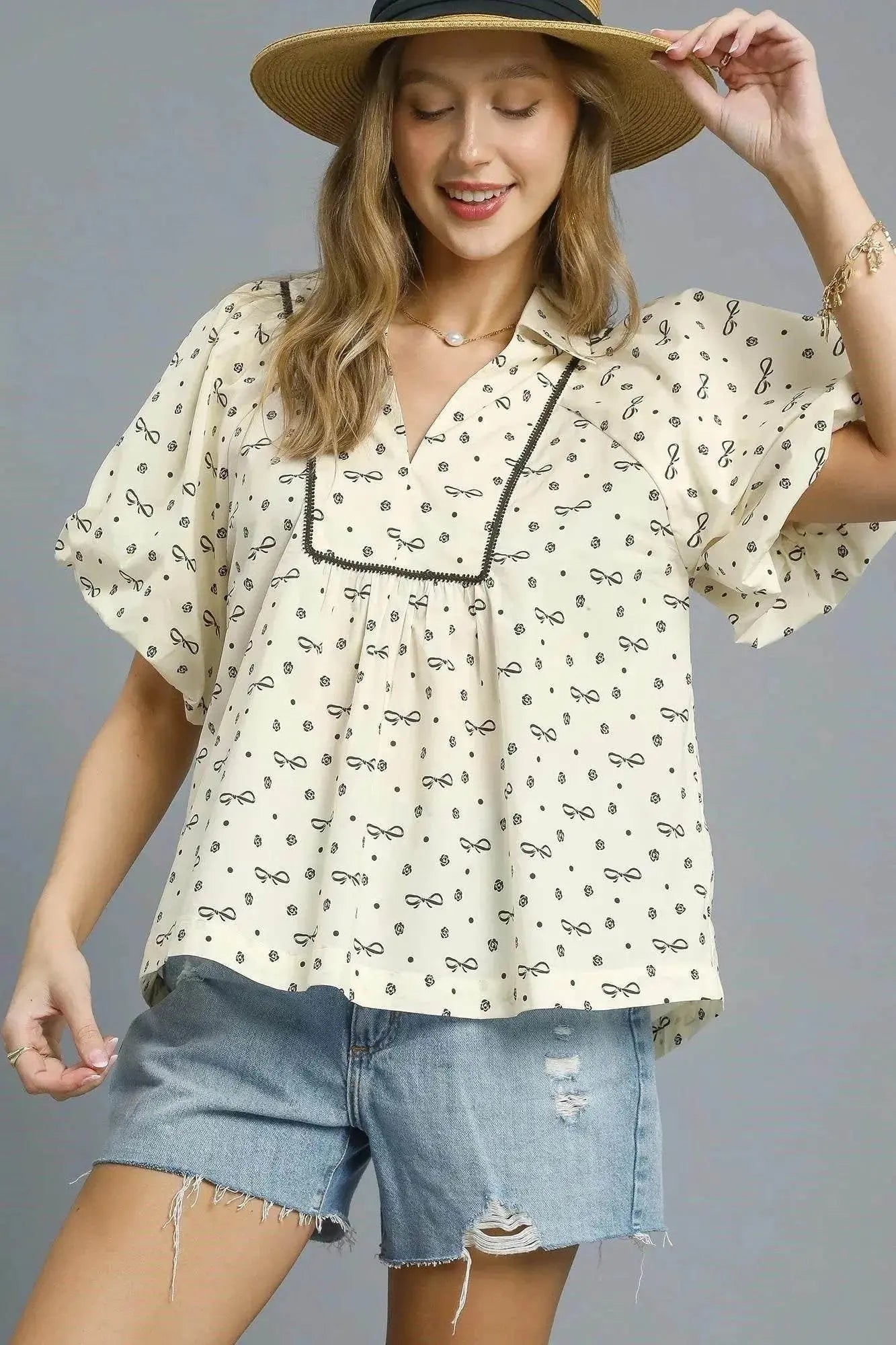 Umgee Bow Print Blouse with Puff Sleeves - Redemption By Ashley North