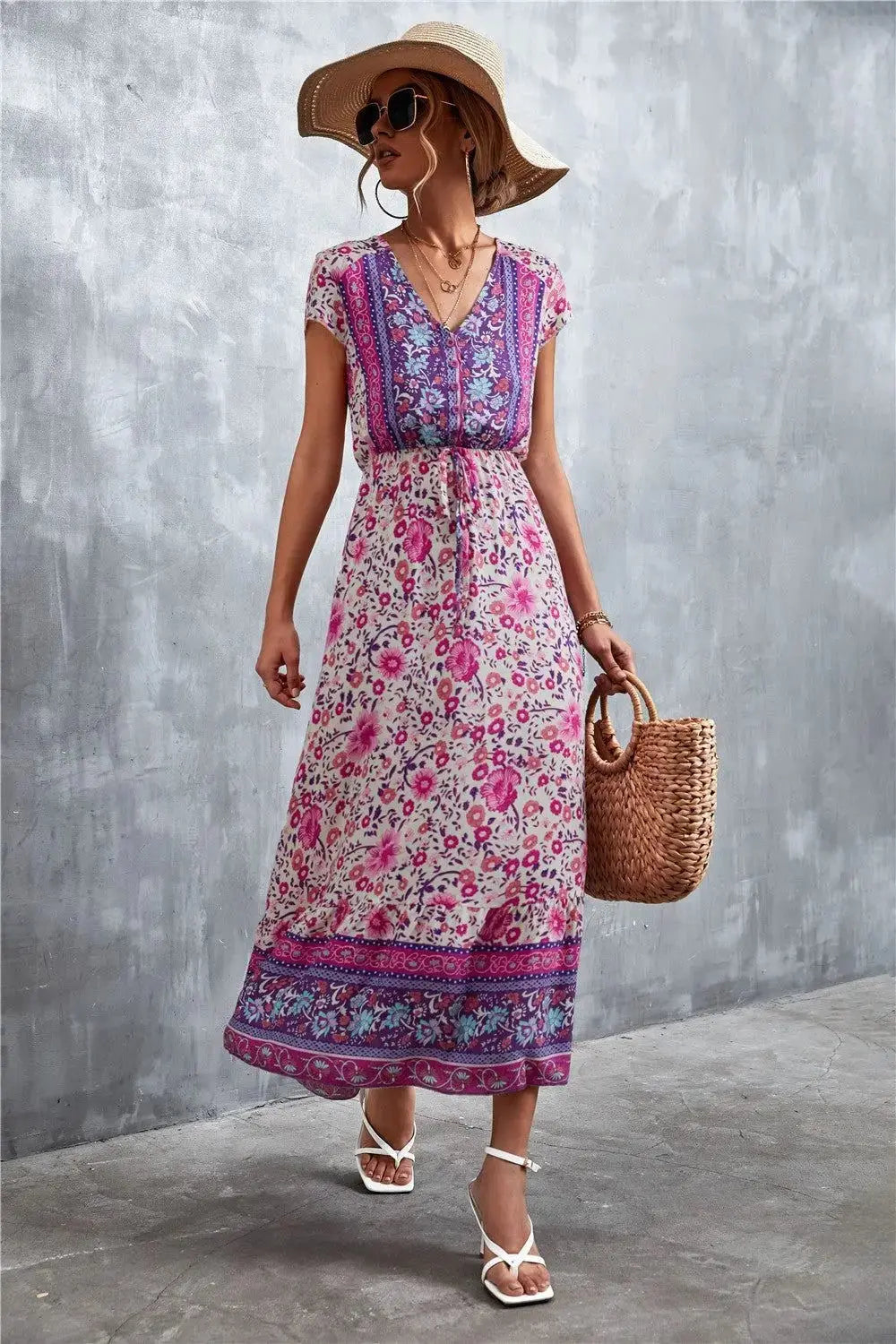 Bohemian Maxi Dress for Women: V-Neck Short Sleeve Printed Maxi Dress - Redemption By Ashley North