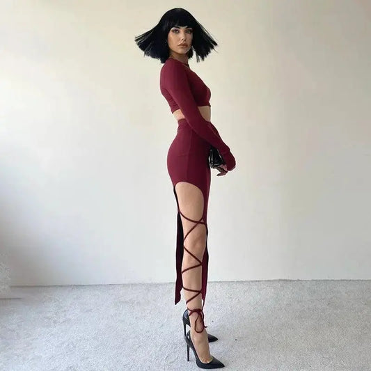 Solid Color Slim Fit Tie Skirt Set with Long Sleeve Round Neck Top - Redemption By Ashley North