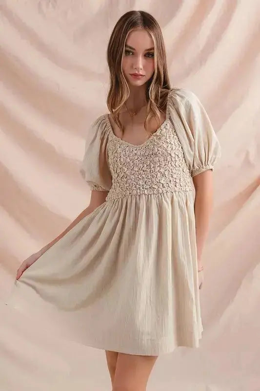 SO ME Textured Woven Daily Dress with Puff Sleeves.