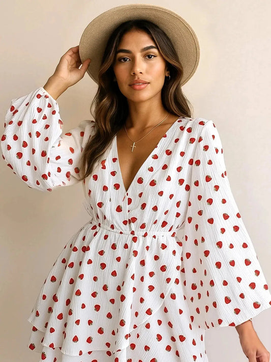 Strawberry Print Mini Dress with Long Sleeves for Effortless Style - Redemption By Ashley North