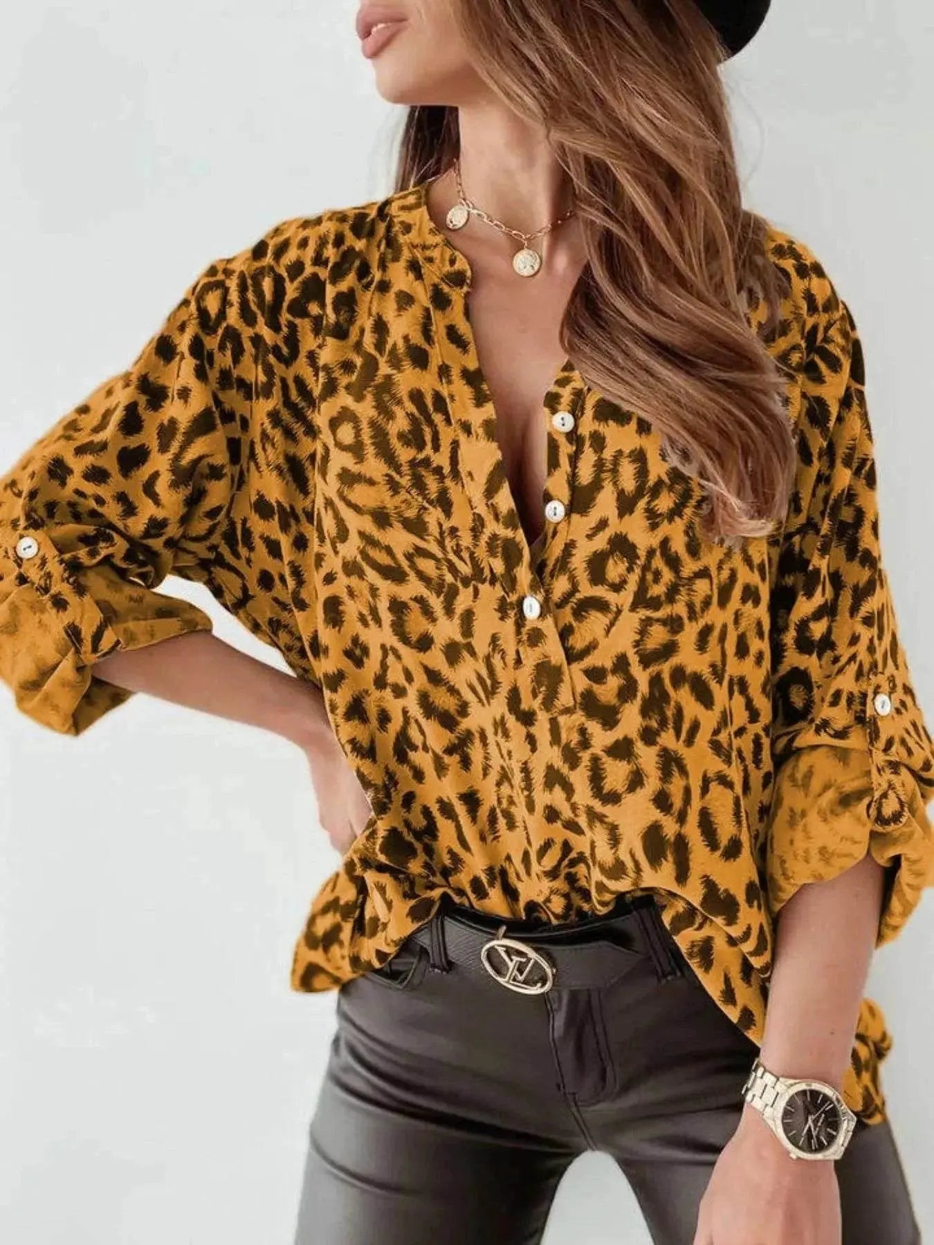 Plus Size Leopard Print Blouse with Roll-Tab Sleeves for Effortless Style - Redemption By Ashley North