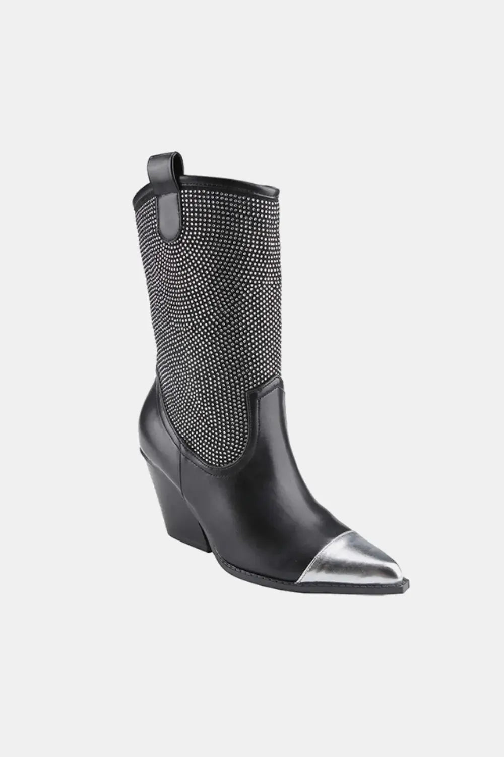 Weeboo Chunky Heel Rhinestone Western Cowboy Boot in black with silver toe and rhinestone embellishments