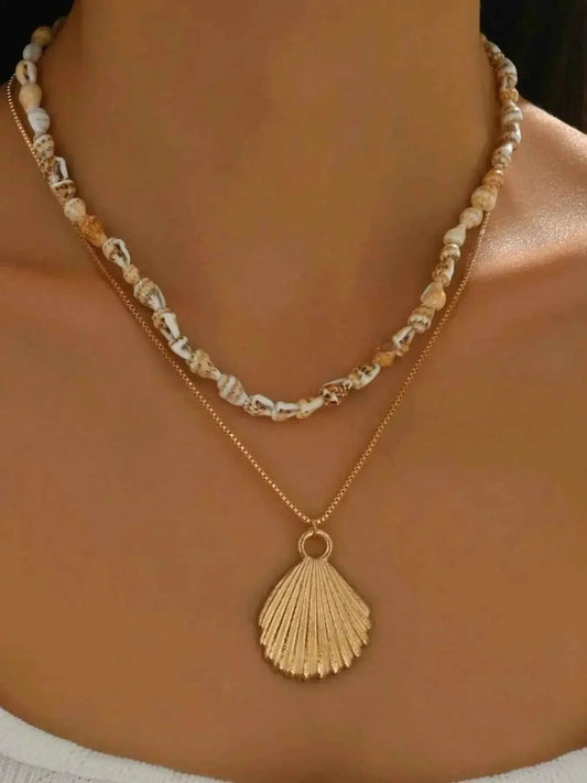 18K Gold-Plated Shell Pendant Necklace - Layered Shell Design.