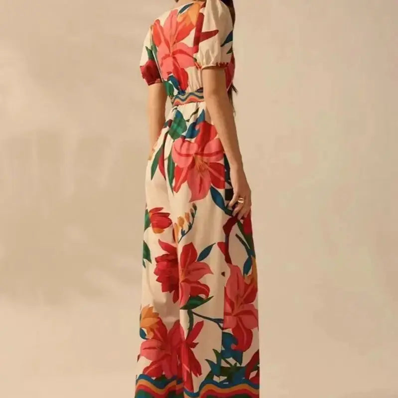 Women's Wide-leg Jumpsuit with Deep V-neck and Printed Fashion Design - Redemption By Ashley North