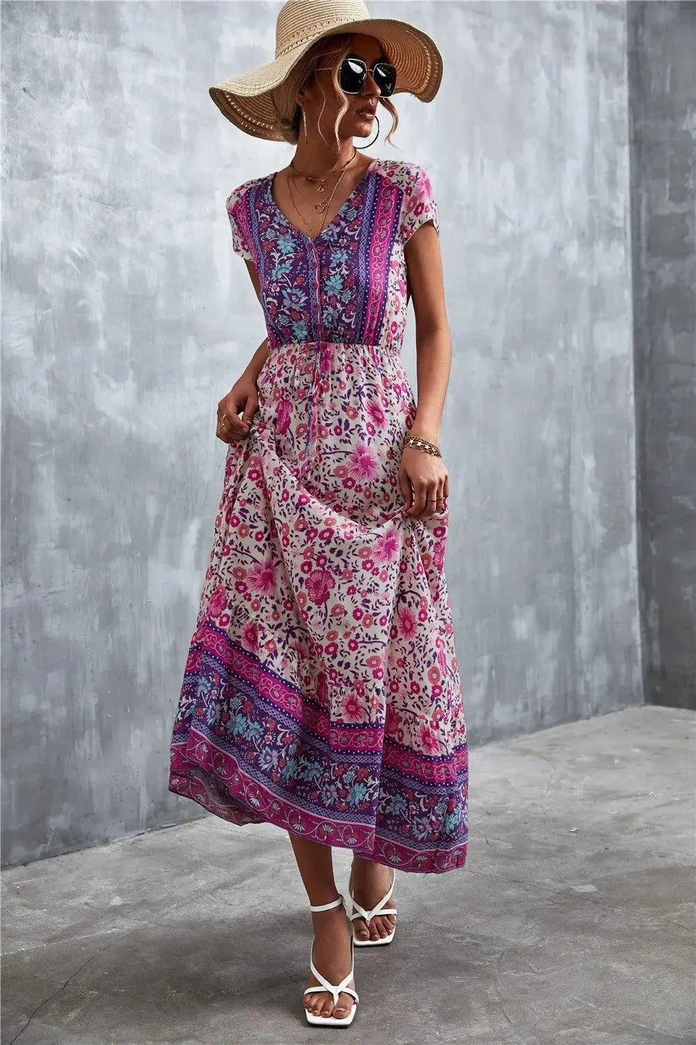 Bohemian Maxi Dress for Women: V-Neck Short Sleeve Printed Maxi Dress - Redemption By Ashley North