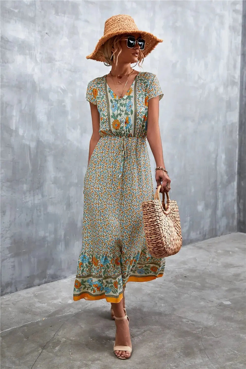 Bohemian Maxi Dress for Women: V-Neck Short Sleeve Printed Maxi Dress - Redemption By Ashley North