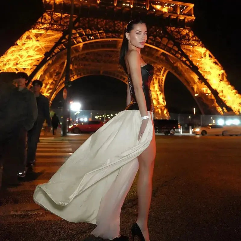 Sexy Mesh Leather Dress - PU Leather Collar Bandeau Slim-fit Dress for Women - Redemption By Ashley North