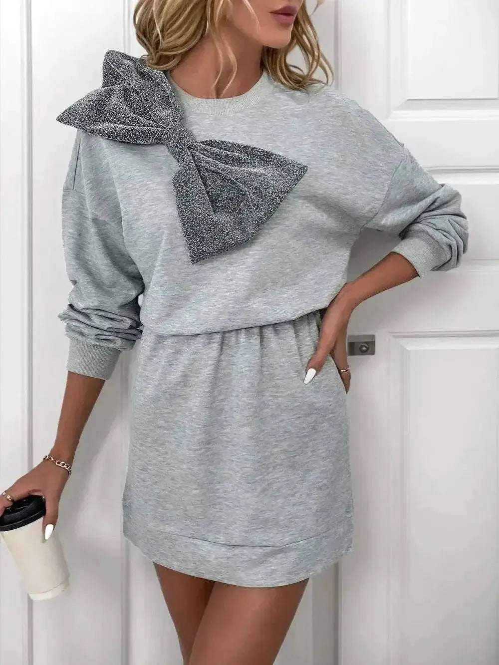 Perfee Bow Mini Dress in grey with dropped shoulder, long sleeves, and large bow detail