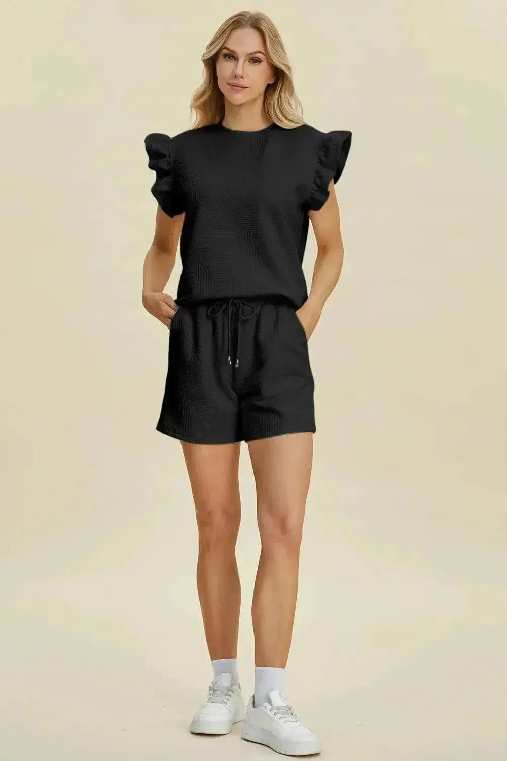 Double Take Ruffle Sleeve Top and Shorts Set - Full Size Texture Set - Redemption By Ashley North