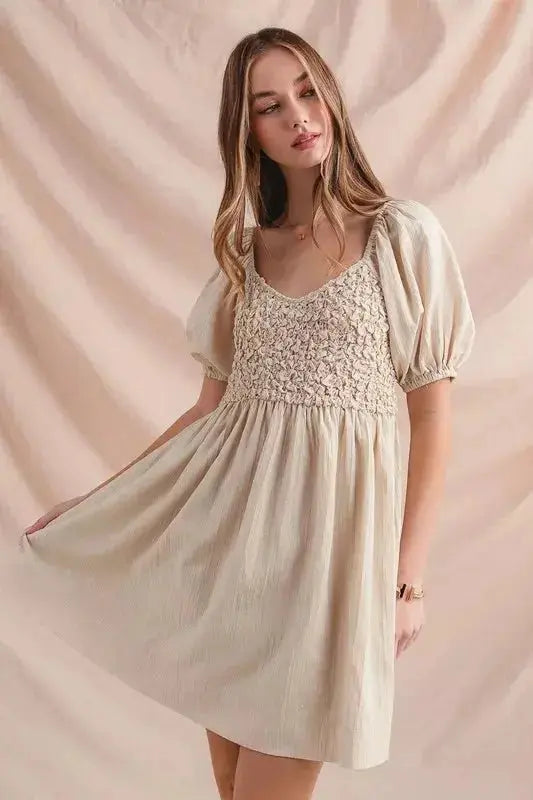 SO ME Textured Woven Daily Dress with Puff Sleeves.