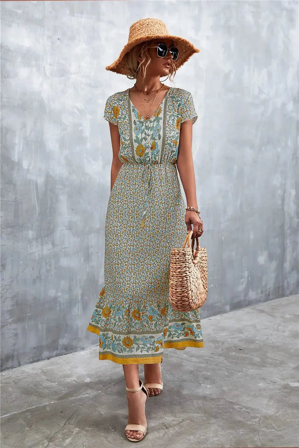 Bohemian Maxi Dress for Women: V-Neck Short Sleeve Printed Maxi Dress - Redemption By Ashley North