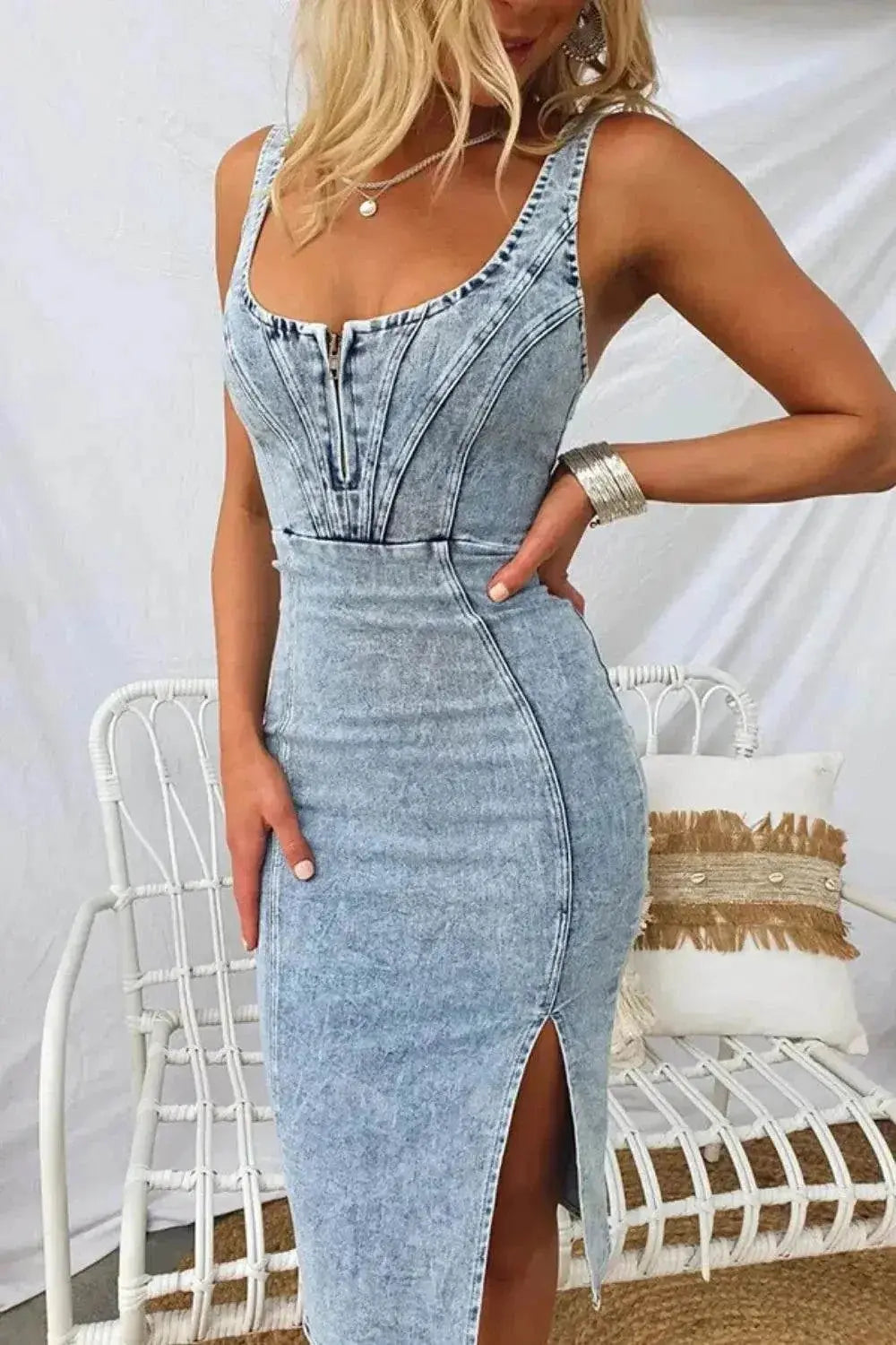 Side Slit Denim Dress with Washed Scoop Neck - Stylish and Trendy Fashion Statement - Redemption By Ashley North