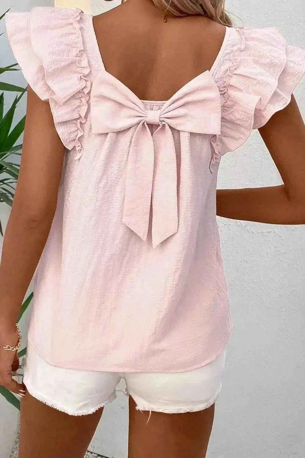 Textured Bow Knot Blouse with Frilled Butterfly Sleeves - Redemption By Ashley North