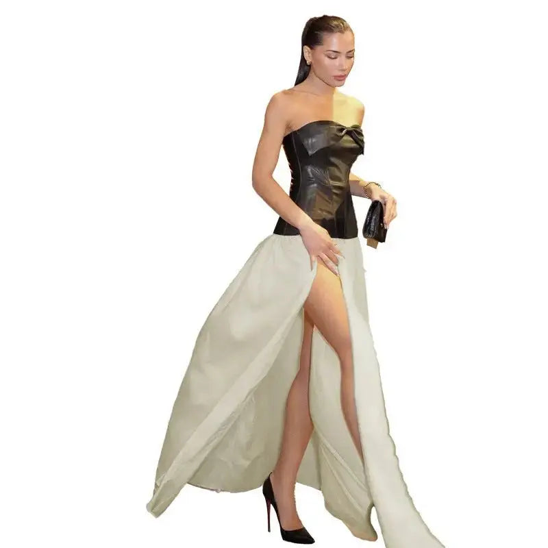 Sexy Mesh Leather Dress - PU Leather Collar Bandeau Slim-fit Dress for Women - Redemption By Ashley North